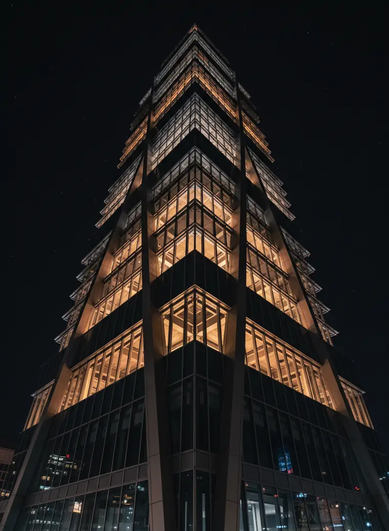 Immeuble éclairé de nuit, vu en contre-plongée